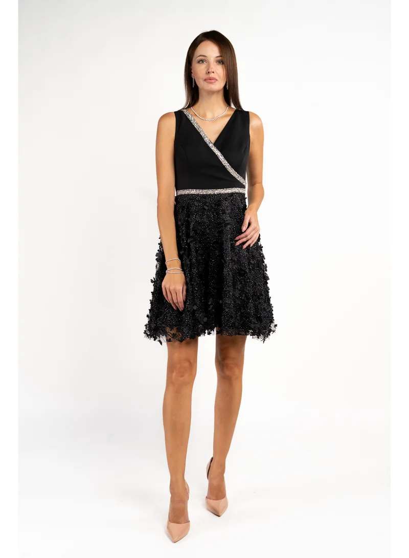 Cross Embossed A-Line Dress Black and Silver