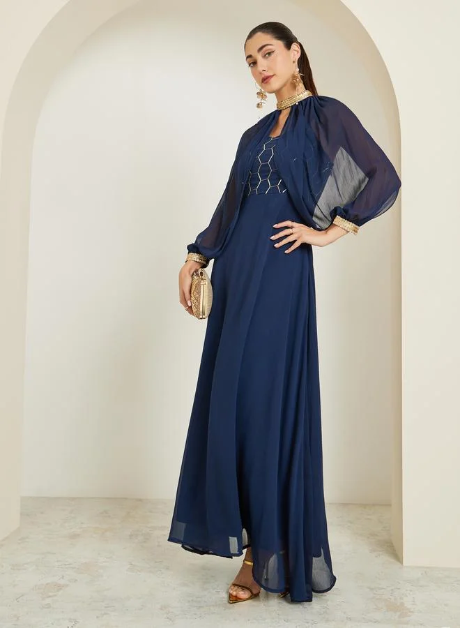 Sequin Embellished Cape Maxi Dress Deep Blue