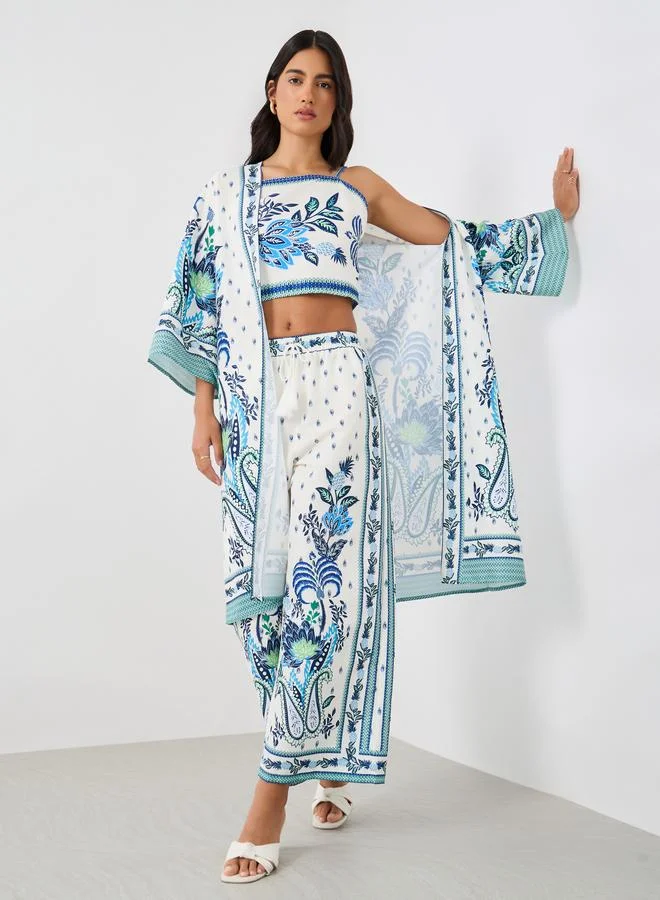 Printed Wide Leg Drawstring Pants White
