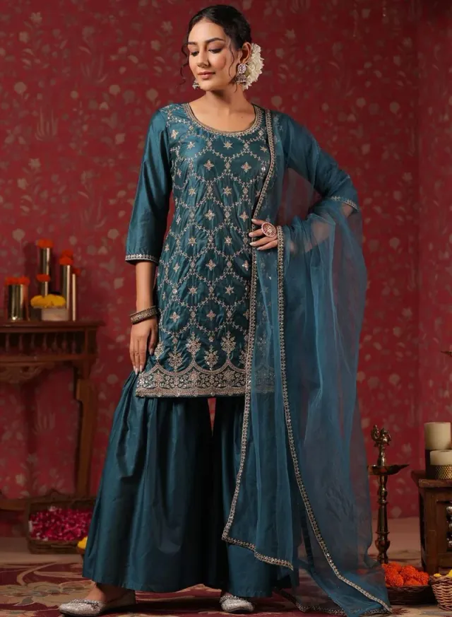 Women's Self Design Polyester Kurta Palazzo Set Teal