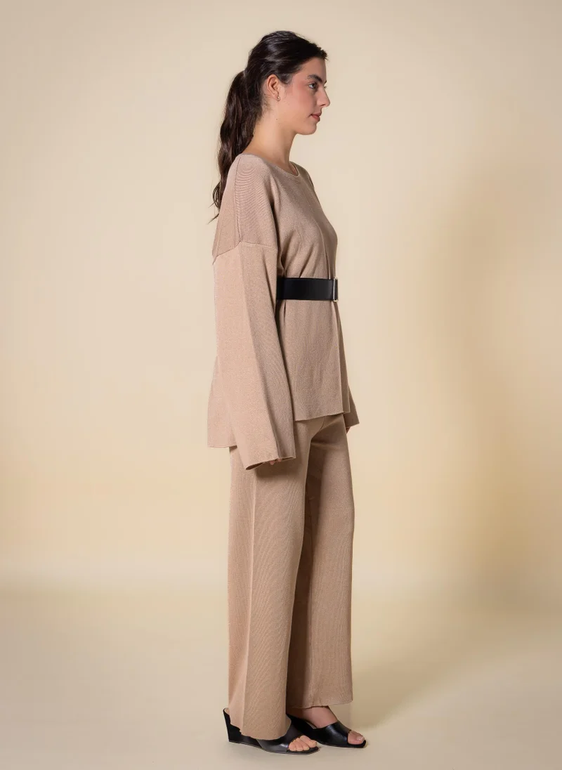 Beige Belted Long-Sleeve Sweater and Full-Length Pants Set