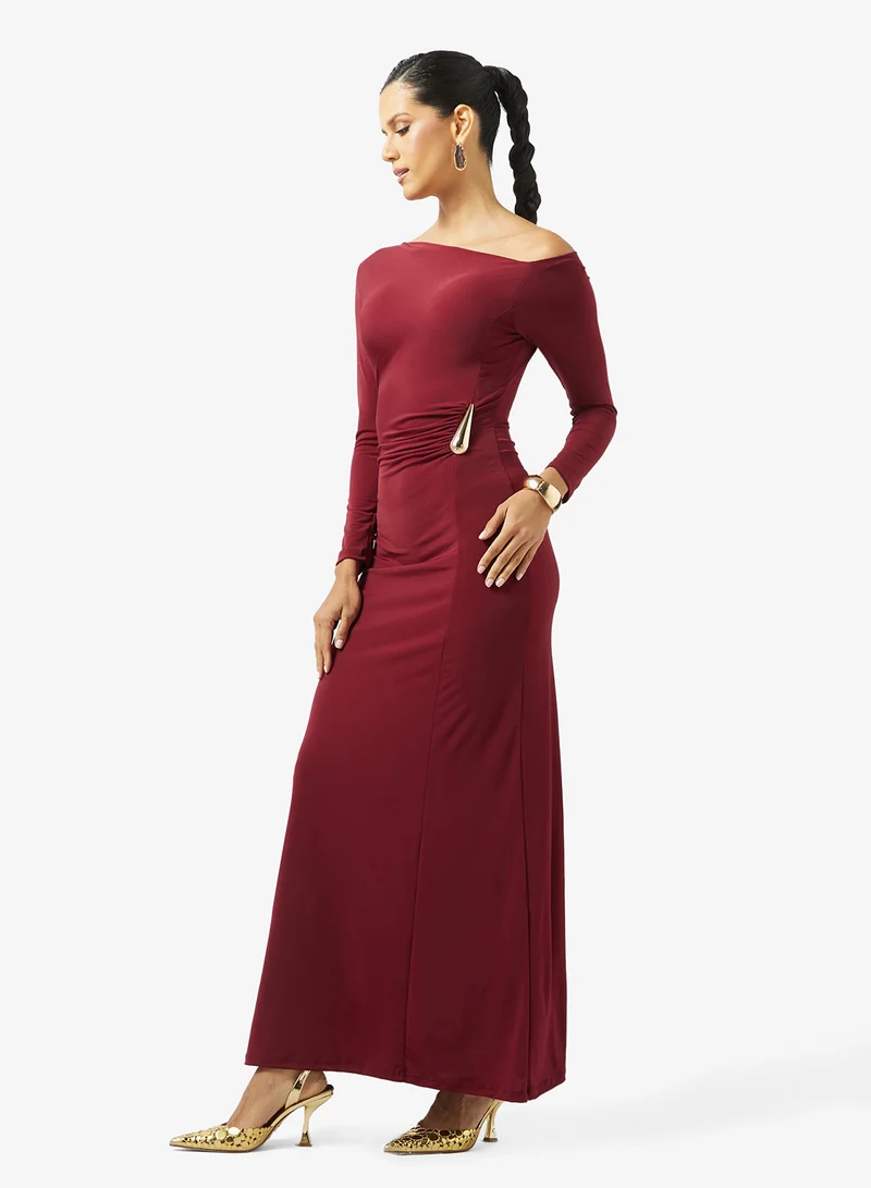 Asymmetric Neck Bodycon Dress Burgundy