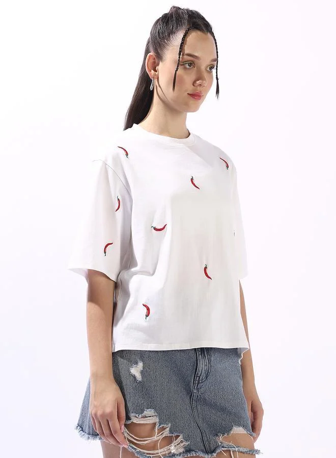 Women's Embroidered Oversized Cotton T-Shirt White