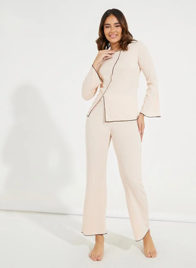 Rib Contrast Piping Pajama Set Beige
