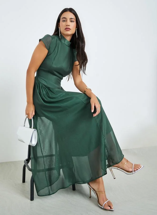 Pleated A-Line Maxi Dress - Dark Green