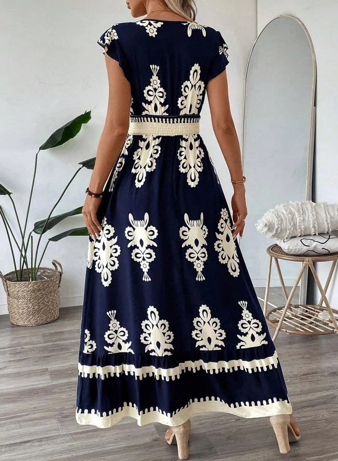 Graphic Print Elastic Waist Maxi Dress Deep Navy Blue