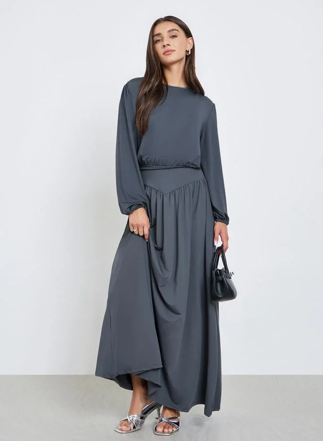 Solid Top and Wide Waistband Skirt Set Grey