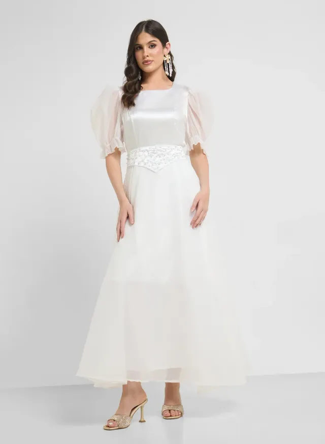 White Maxi Fit & Flare Dress with Puff Sleeves and Embellishments – image 4