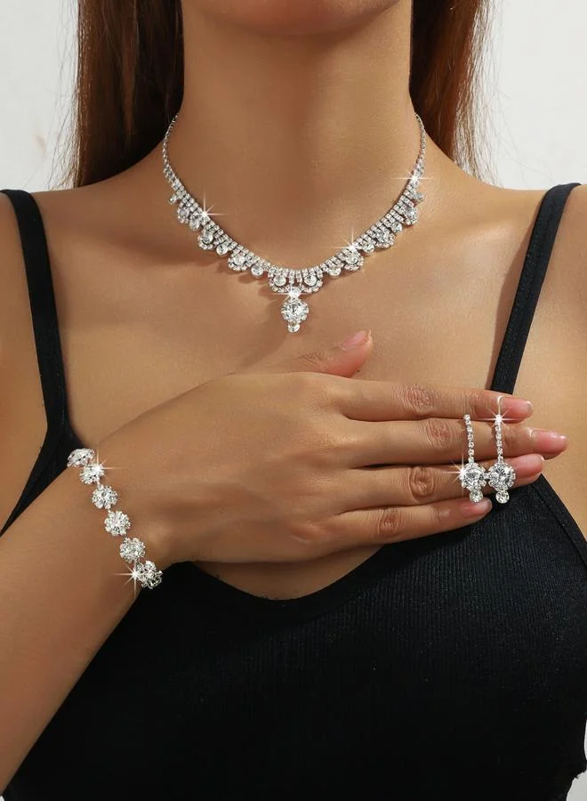 Silver Crystal Necklace with Earrings and Bracelet Set