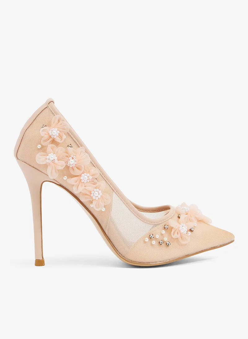 Floral Applique Pearl Mesh Pumps - Beige