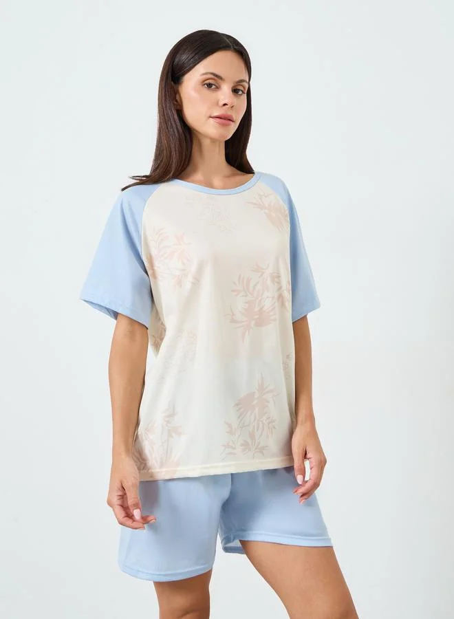 Printed Tee and Shorts Pajama Set Blue