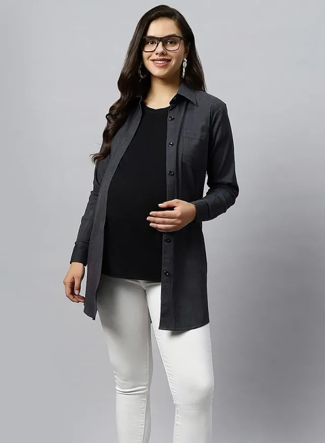 Long Cotton Lycra Denim Maternity Shirt – image 2