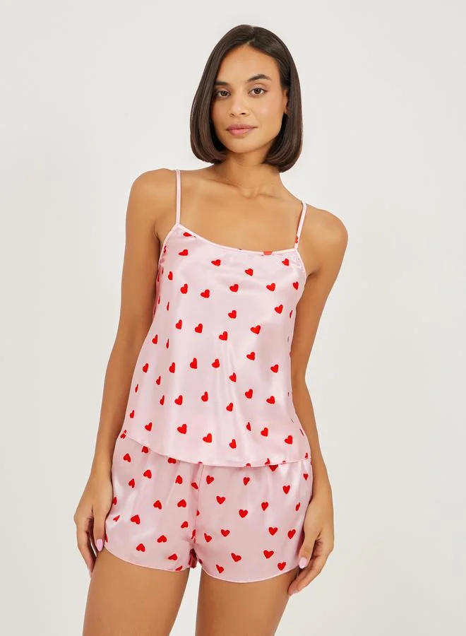 Satin Heart Print Cami and Shorts Set Pale Pink
