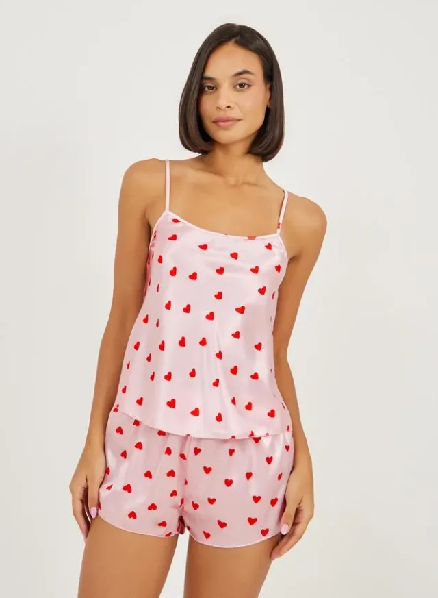 Satin Heart Print Cami and Shorts Set Pale Pink