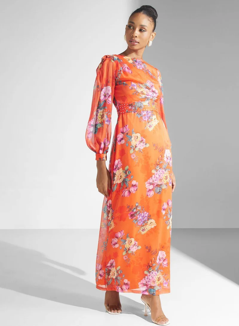 Floral Puff Sleeve Belted Dress