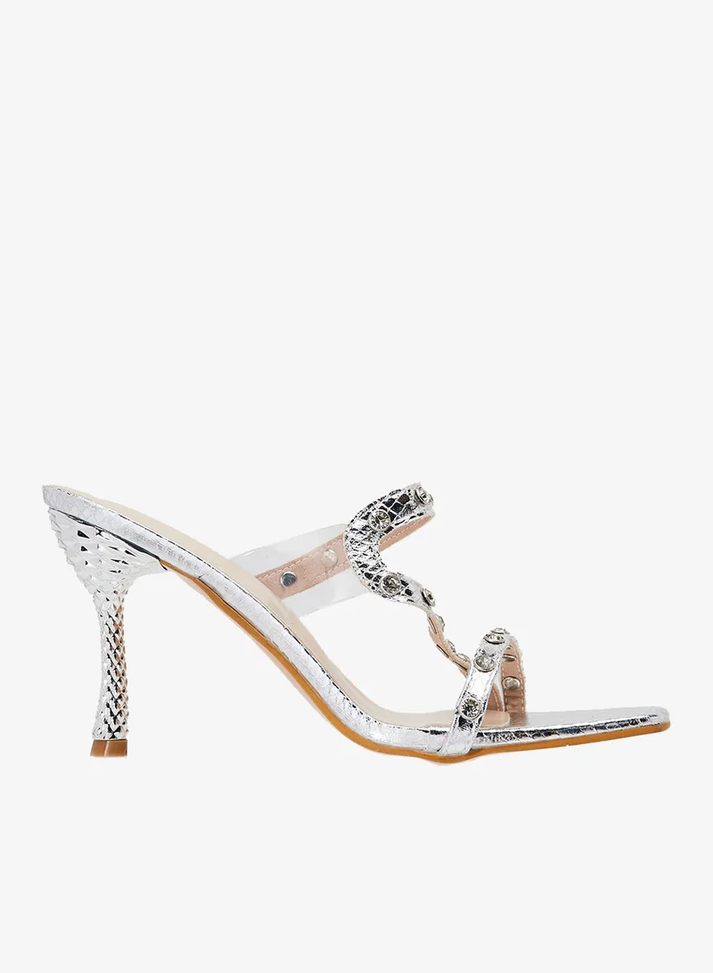 Embellished Heeled Sandals Silver