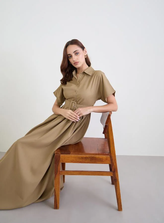 Belted Fold Pleat Maxi Dress Pale Taupe