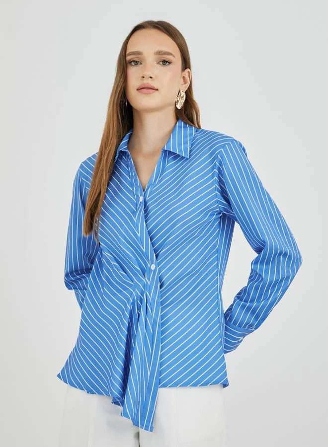 Take Two Striped Long Sleeve Wrap Shirt Blue