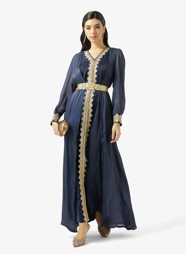 Blue Embroidered Abaya Set with Inner Dress for Ramadan – image 5
