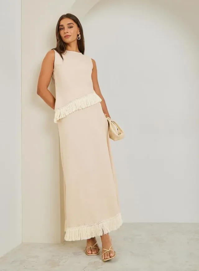 Beige Fitted Sleeveless Top with Asymmetric Fringe Detail – image 2