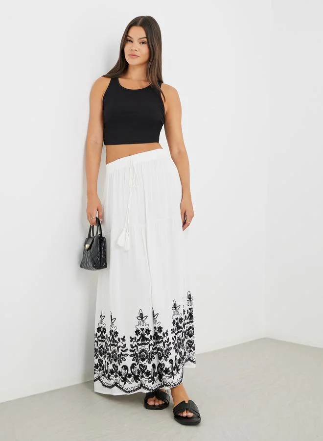 Embroidered Hem A-Line Maxi Skirt White