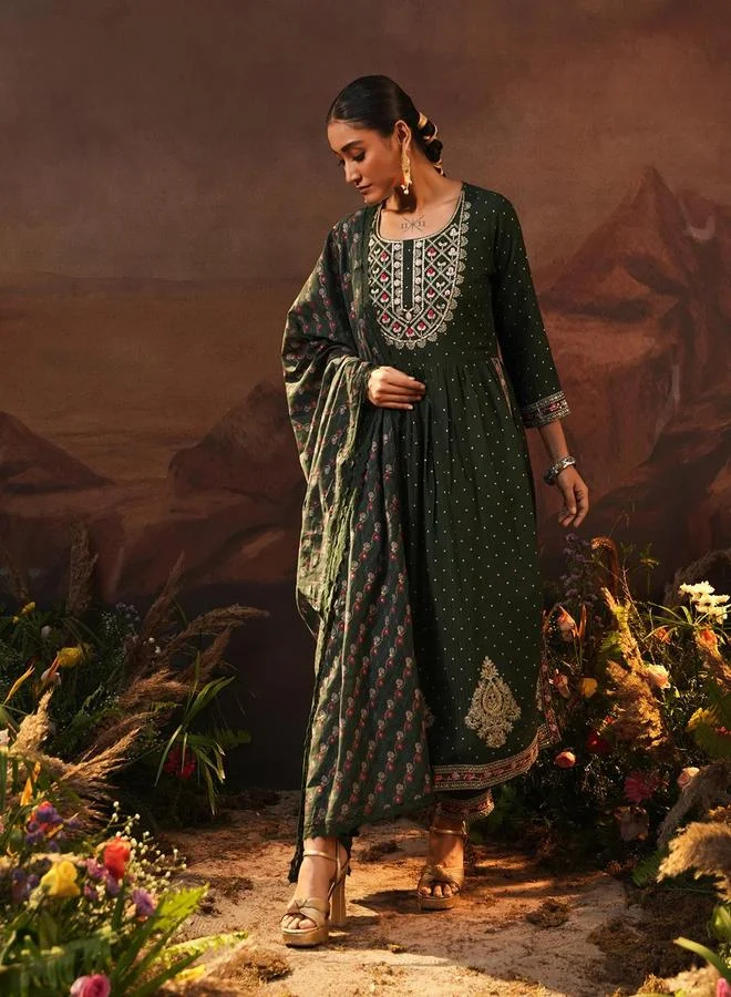 Women’s Embellished Rayon 3-Piece Kurta Palazzo Set Green