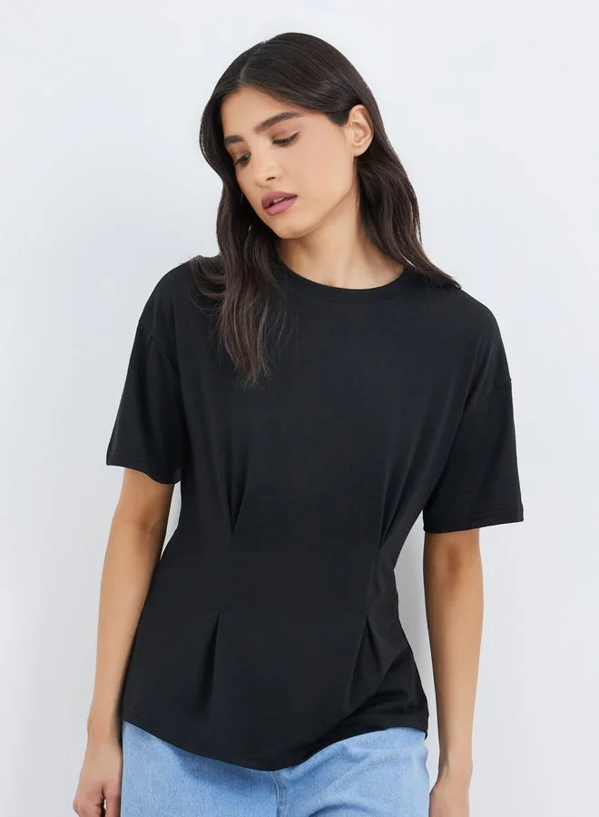 Pleated Waist Round Neck T-Shirt Black