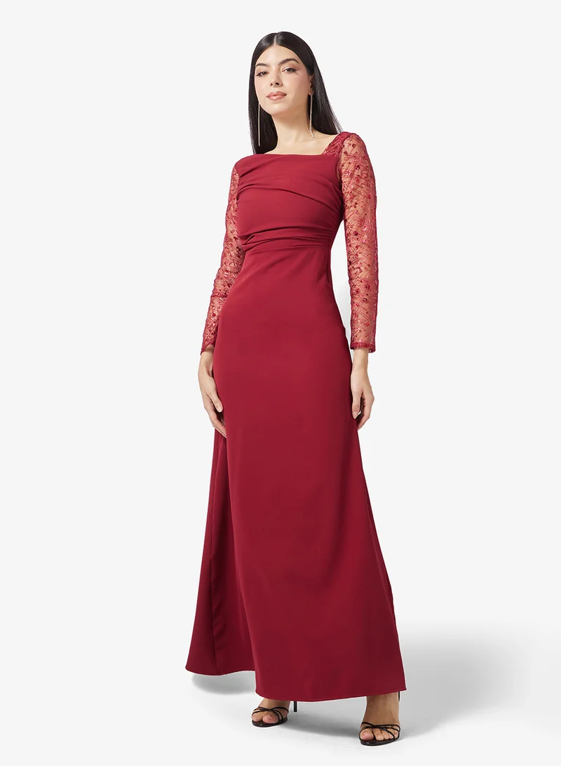 Shimmer Sleeve Evening Dress Deep Red