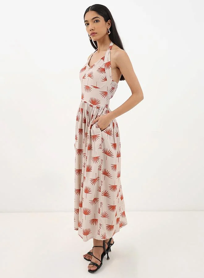 Printed Halter Midi Dress Beige