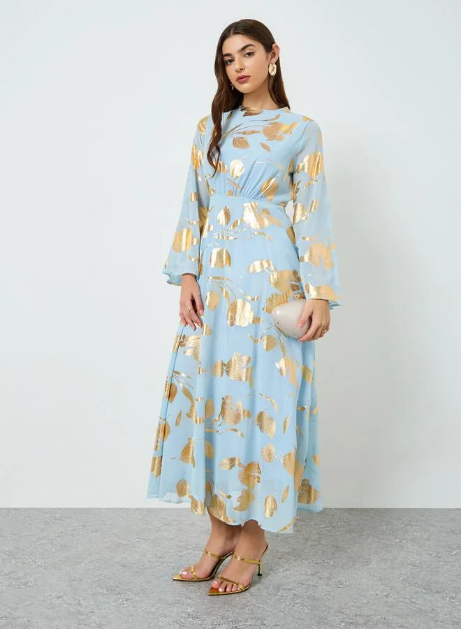 Women's Foil Print A-Line Maxi Dress Light Blue