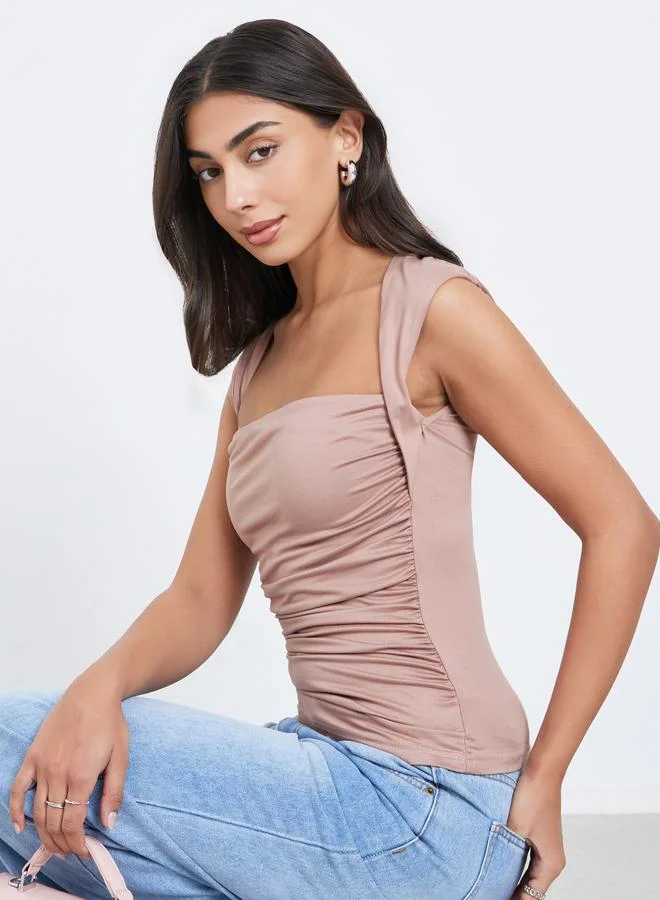 Styli Square Neck Fitted Knit Top Pink