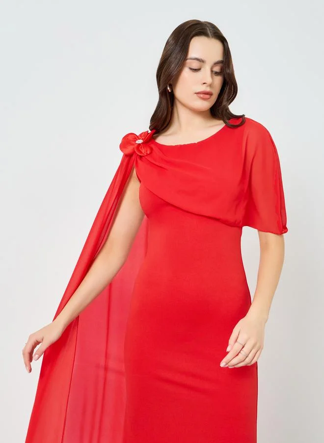 Round Neck Cape Sleeve Maxi Dress Pink