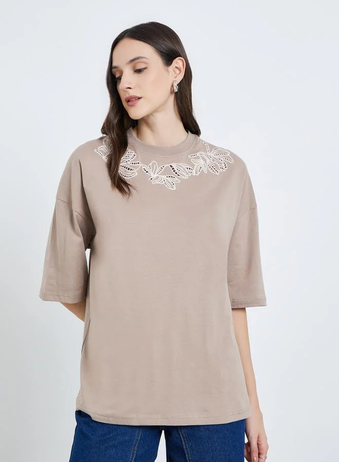 Women Embroidered Oversized T-Shirt Beige
