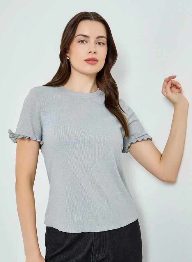 Ribbed Ruffle Sleeve T-Shirt Grey