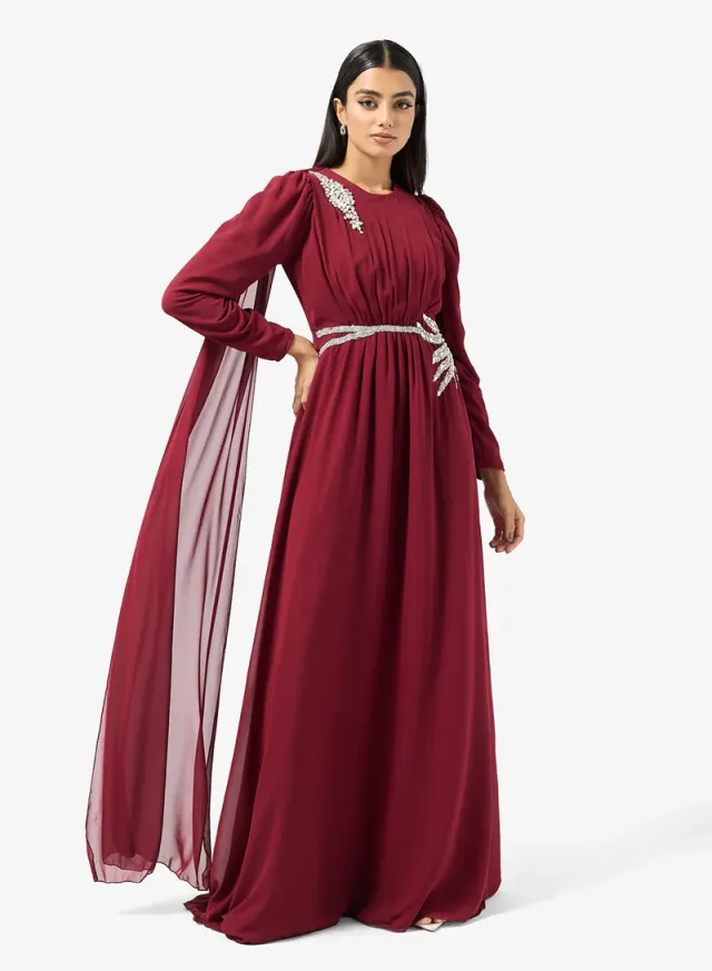 Burgundy Maxi Fit & Flare Evening Dress with Embellished Waist and Trail – image 4