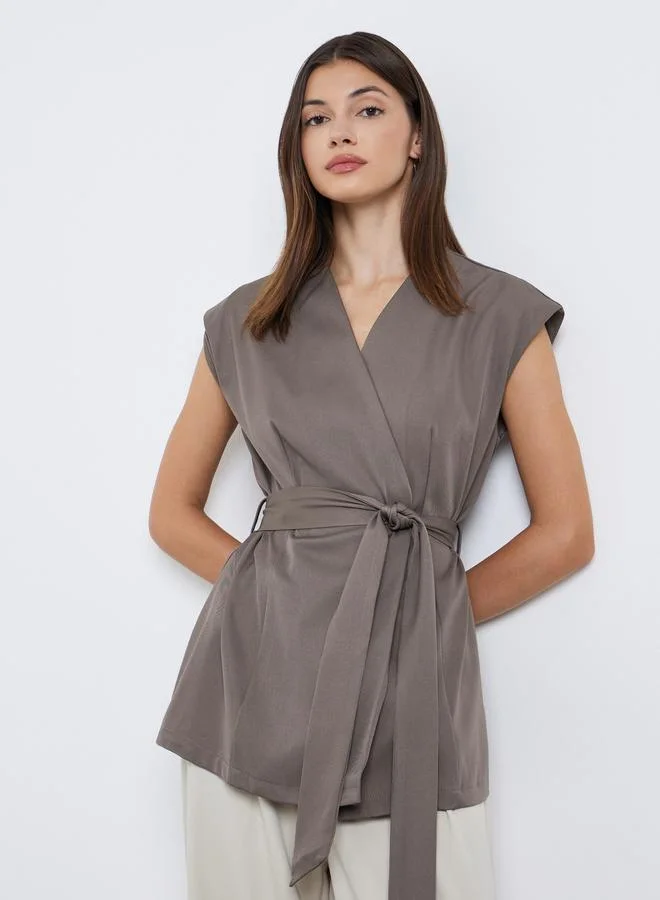 Styli Women Sleeveless Wrap Top Brown
