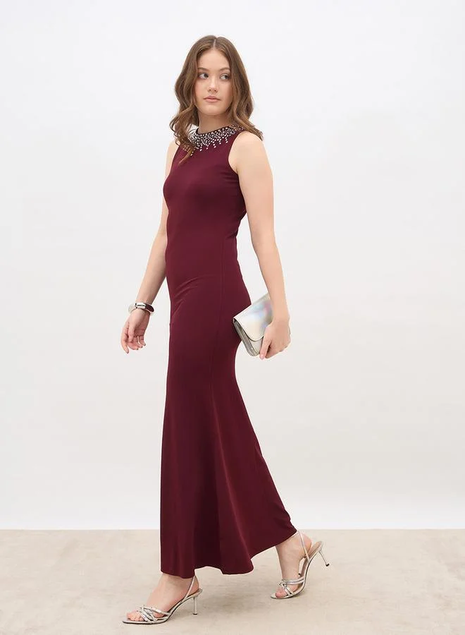 Embellished A-Line Maxi Dress Burgundy