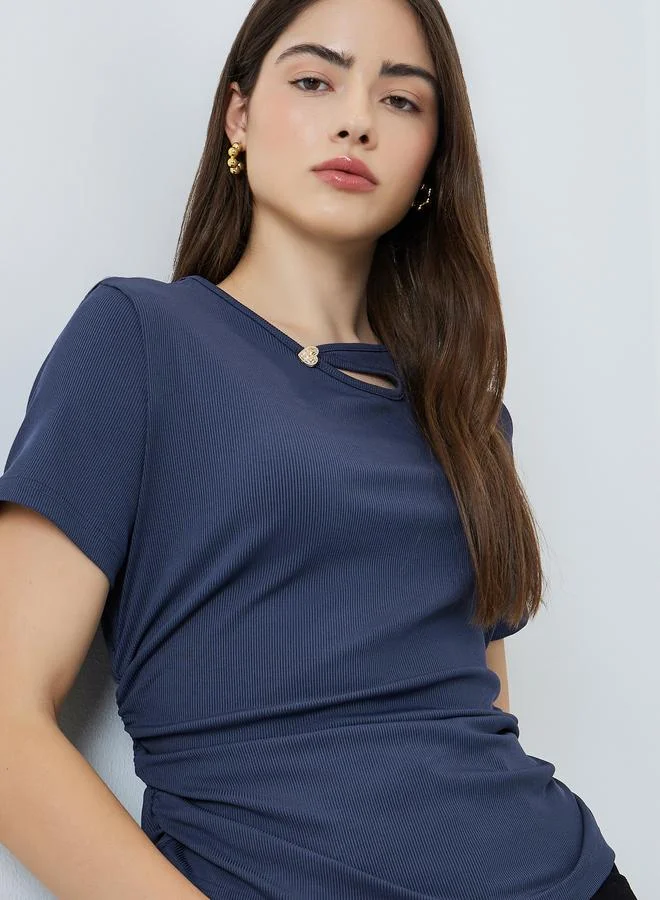 Ribbed Asymmetric Hem T-Shirt Deep Slate Blue