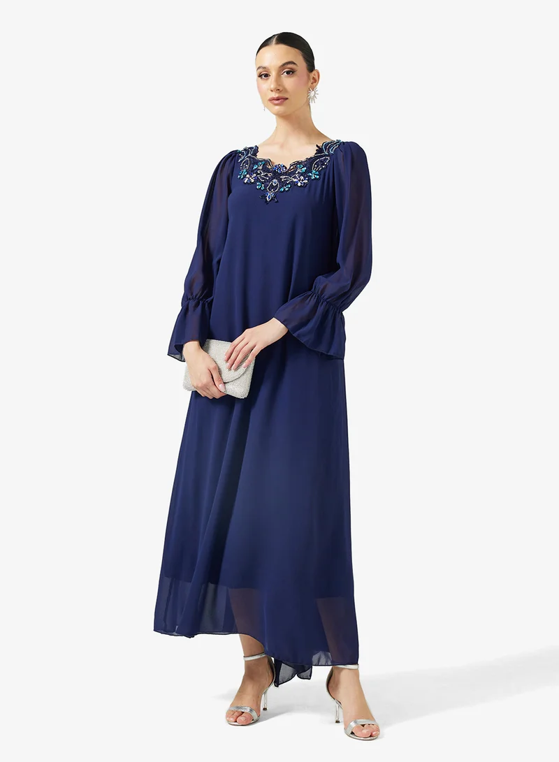 Embellished Puff Sleeve Dress Deep Blue
