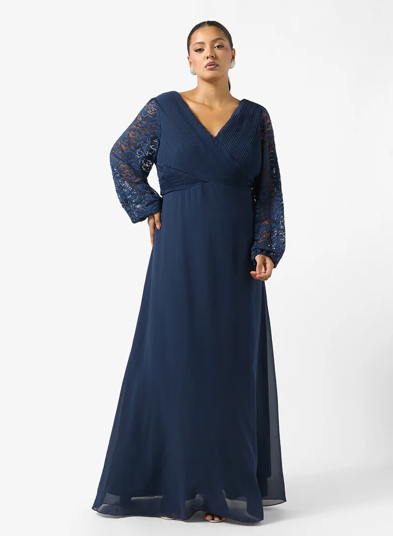 Floral Sleeve A-Line Dress Deep Blue