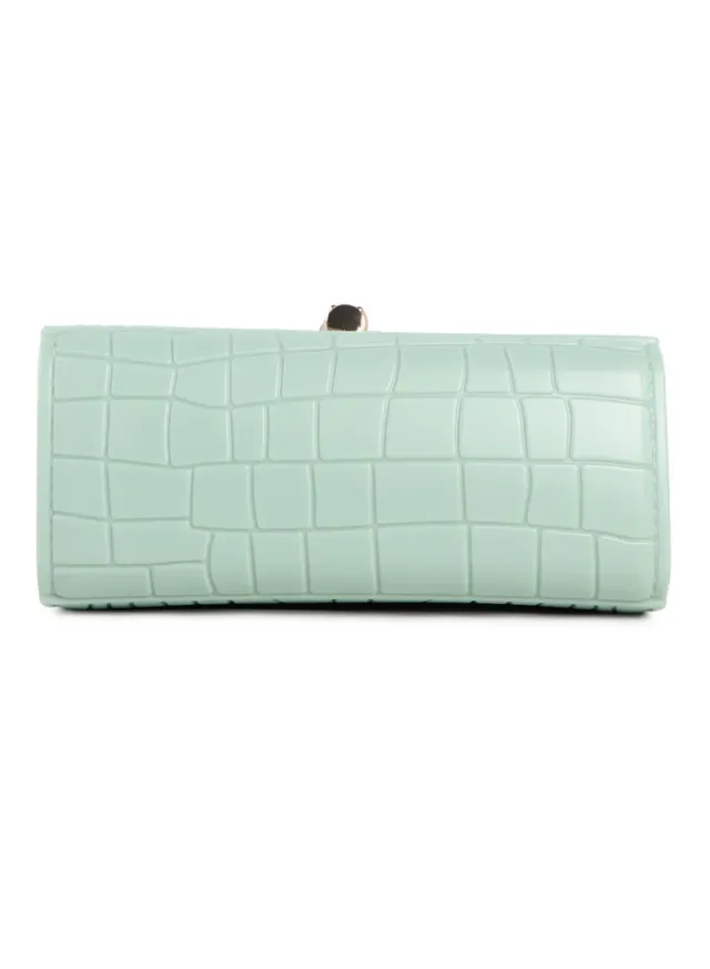 Mint Croc-Embossed PU Leather Handbag with Wooden Handles and Detachable Chain Strap – image 5