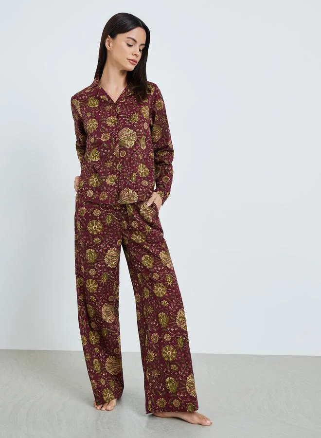 Floral Cotton Wide Leg Pyjama Set Burgundy