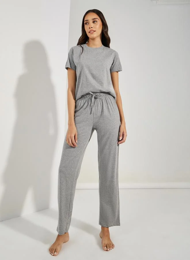 Styli Solid Cotton T-Shirt and Pyjama Set Grey