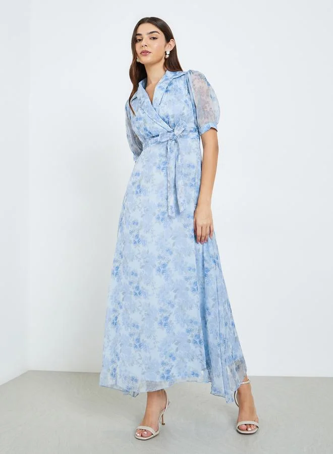 Floral Puff Sleeve Maxi Dress Light Blue
