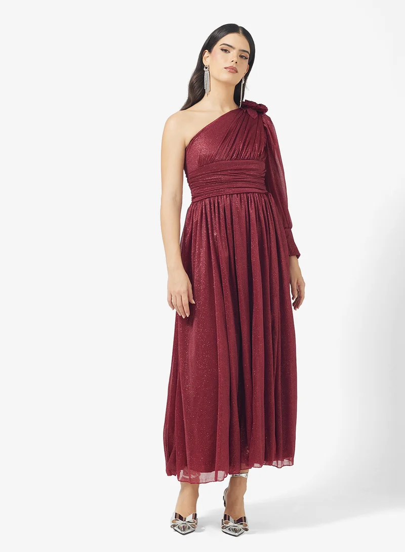 One Shoulder Draped Dress Burgundy