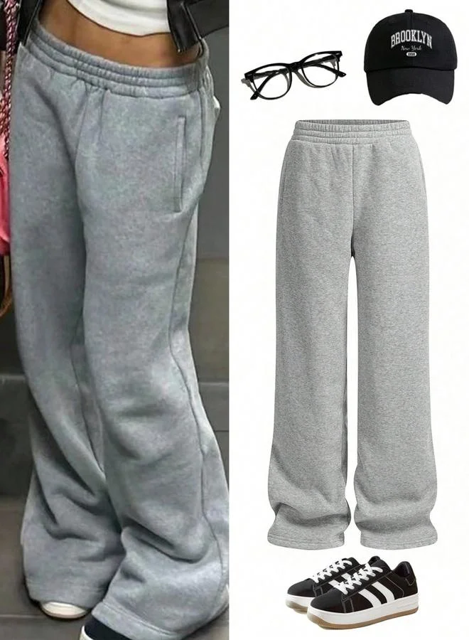 Solid Elastic Waist Wide Leg Pants Grey