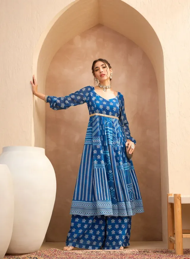 Women's Floral Print Anarkali Kurta and Palazzo Set – image 5