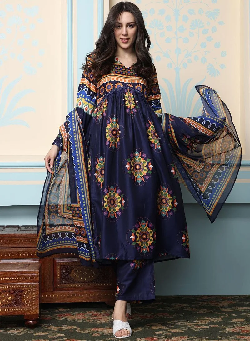 Women's Printed Cotton Anarkali Kurta Set Deep Indigo
