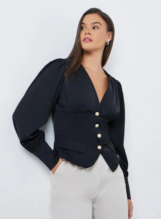 Styli V-Neck Buttoned Balloon Sleeve Top Black