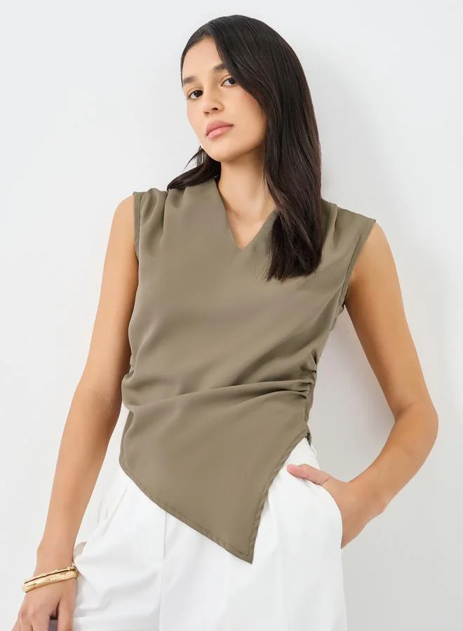 Styli Women Asymmetric Hem V-Neck Blouse Brown